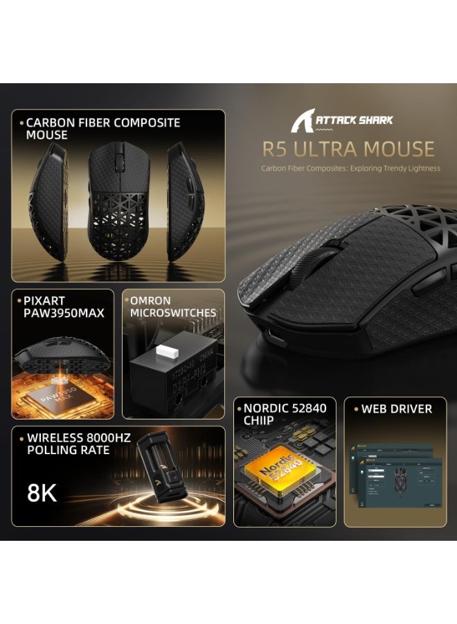 هجوم القرش ماوس الألعاب R5 Ultra 8K اللاسلكي، والبلوتوث، والسلكي بدقة 42000 نقطة في البوصة - مستشعر PAW3950 MAX - هيكل من ألياف الكربون فائق الخفة بوزن 39 غرامًا - شريحة Nordic 52840 MCU - Image 3